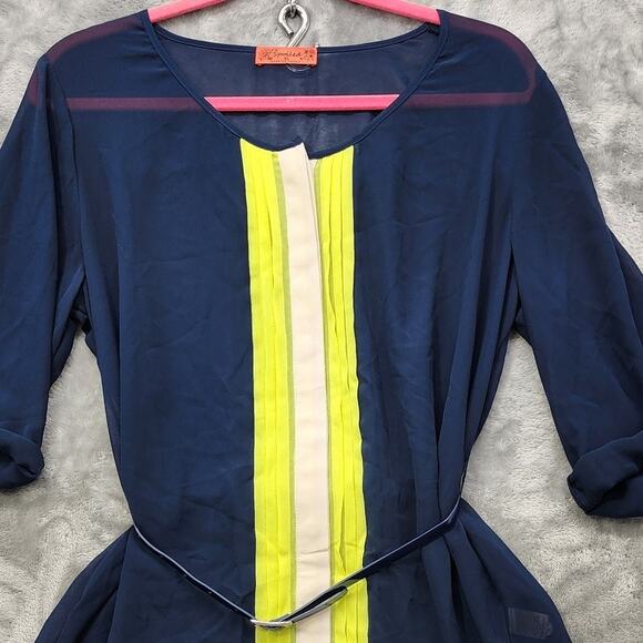 Live To Be Spoiled Top Womens XL Blue Yellow White Striped Button Front Belted - Picture 2 of 11